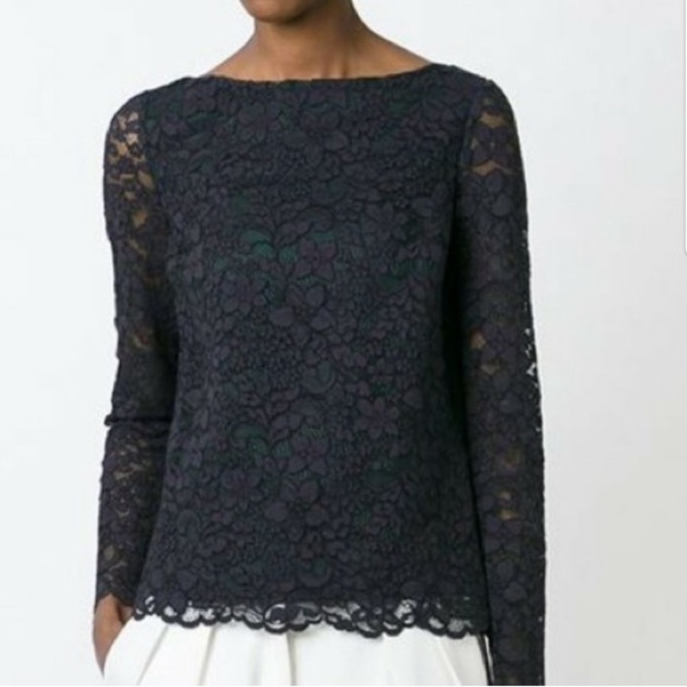 Tory Burch Lace Navy & Green Elegant Women's Long Sleeve Top, Blouse, 6